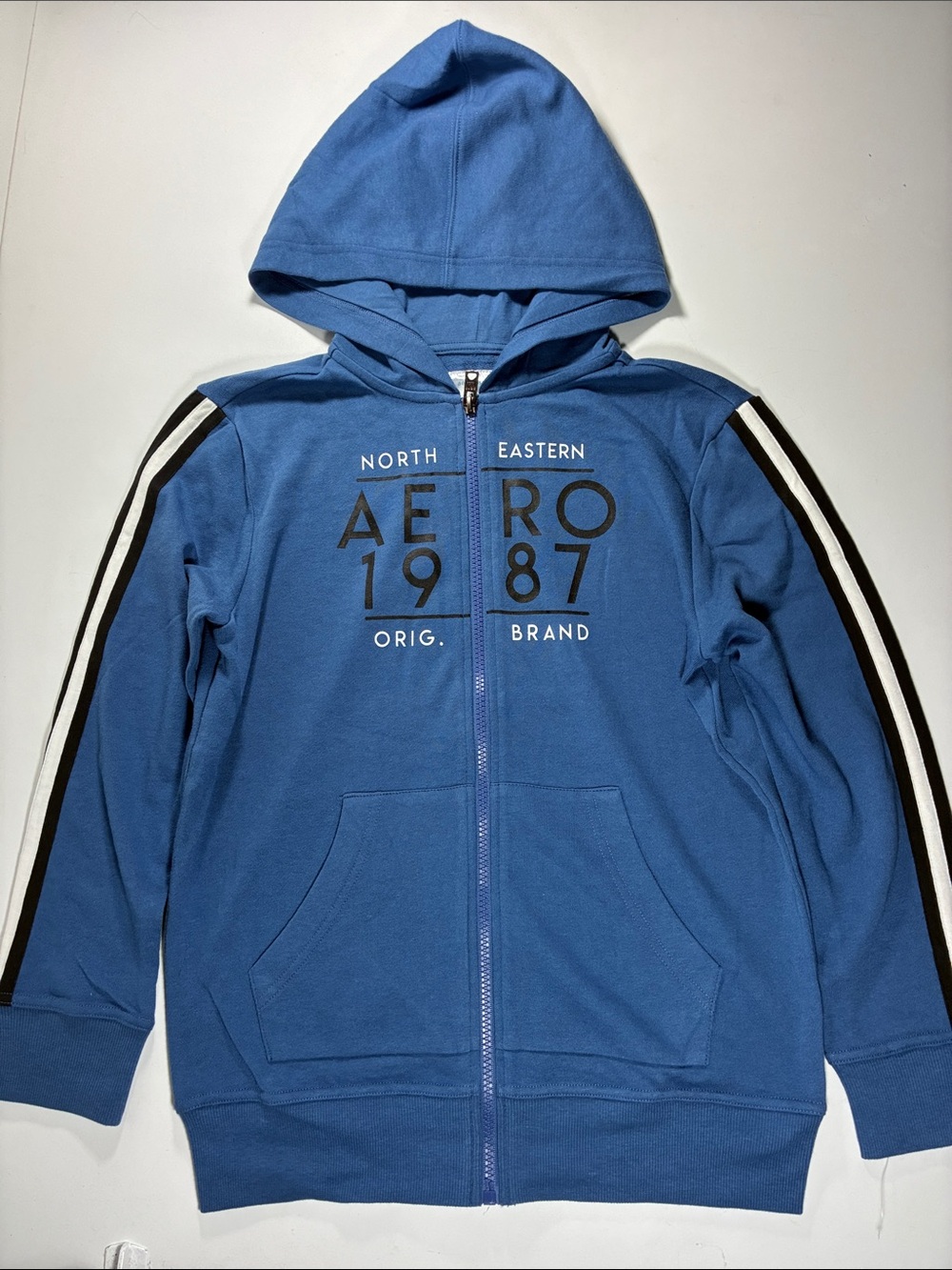 NWOT Aeropostale Blue Zip-Up Hoodie with Black & White Sleeve Stripes, size 10